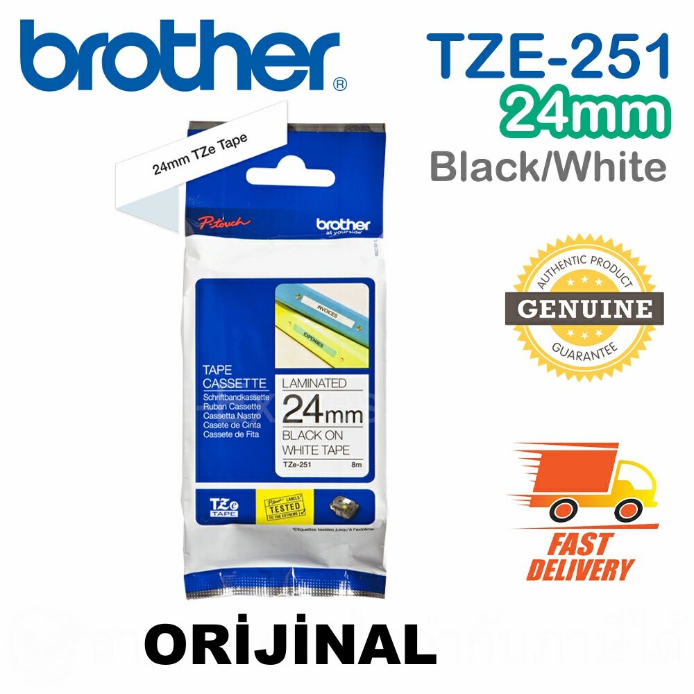 Brother P-Touch TZE-251 24MM x 8m  Beyaz Üzerine Siyah ORİJİNAL Laminasyon Etiket Şeridi