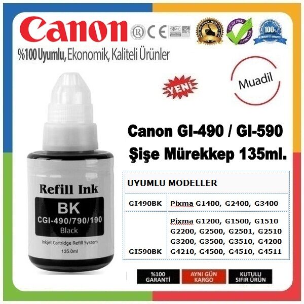 Canon Pixma GI-490 G1400 Siyah İthal Muadil Mürekkep - 135 ML