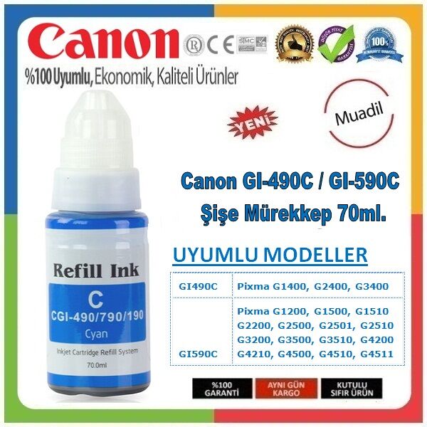 Canon Pixma G1400 GI-490C Mavi İthal Muadil Mürekkep - 70 ML