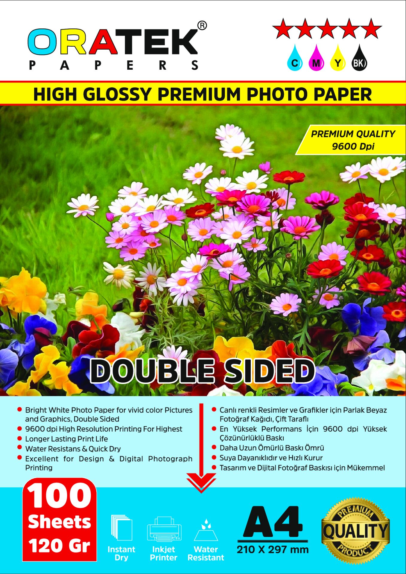 Papers Epson Yazıcılar için Premium Double Sided (Çift Taraflı) Parlak A4 Fotoğraf kağıdı 120 gr. 100 Yaprak