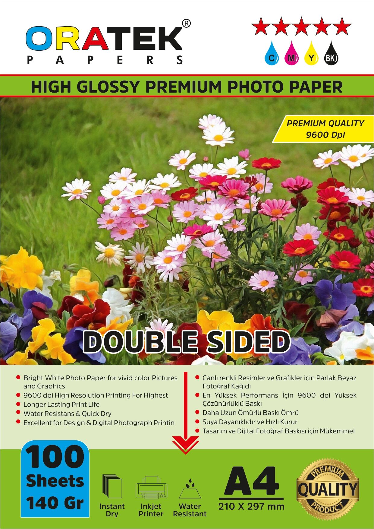 Papers Premium Double Sided (Çift Taraflı) Parlak A4 Fotoğraf kağıdı 140 gr. 100 Yaprak