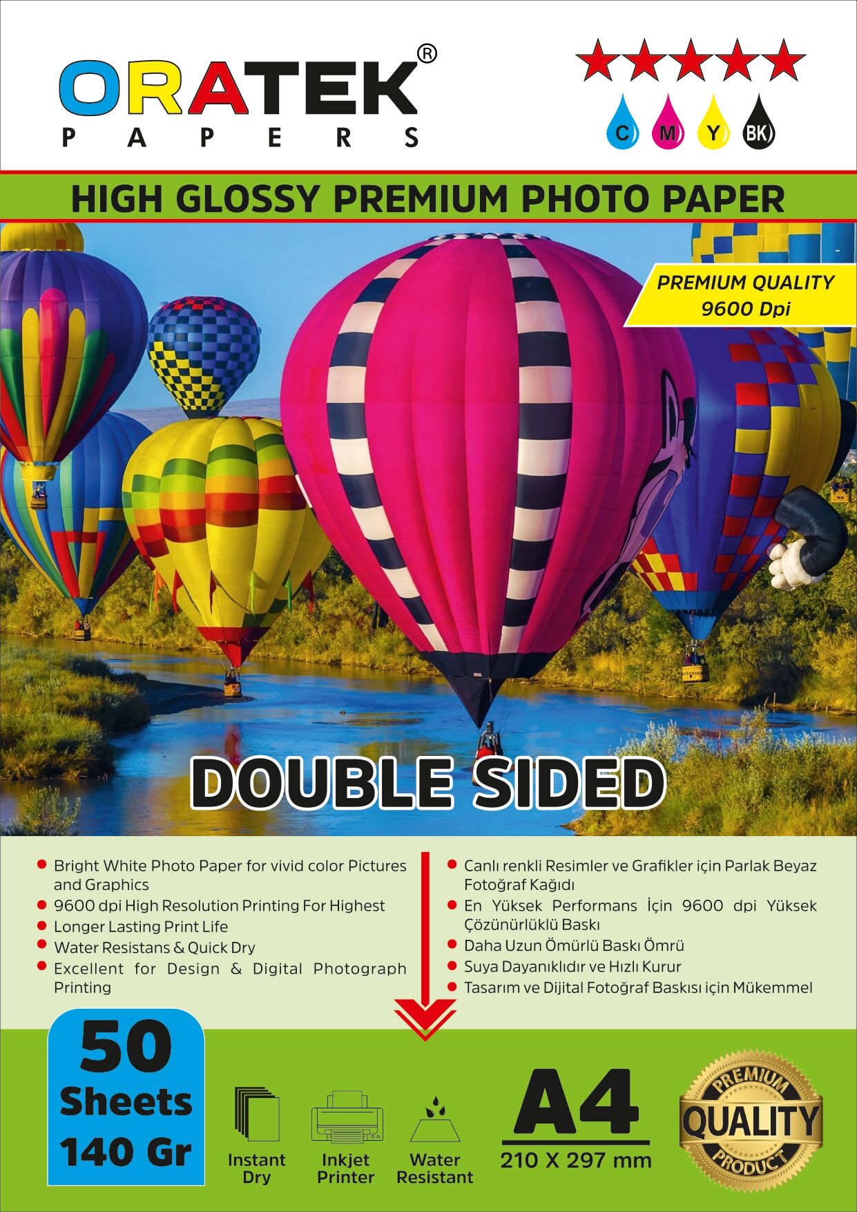 Papers Premium Double Sided (Çift Taraflı) Parlak A4 Fotoğraf kağıdı 140 gr. 50 Yaprak