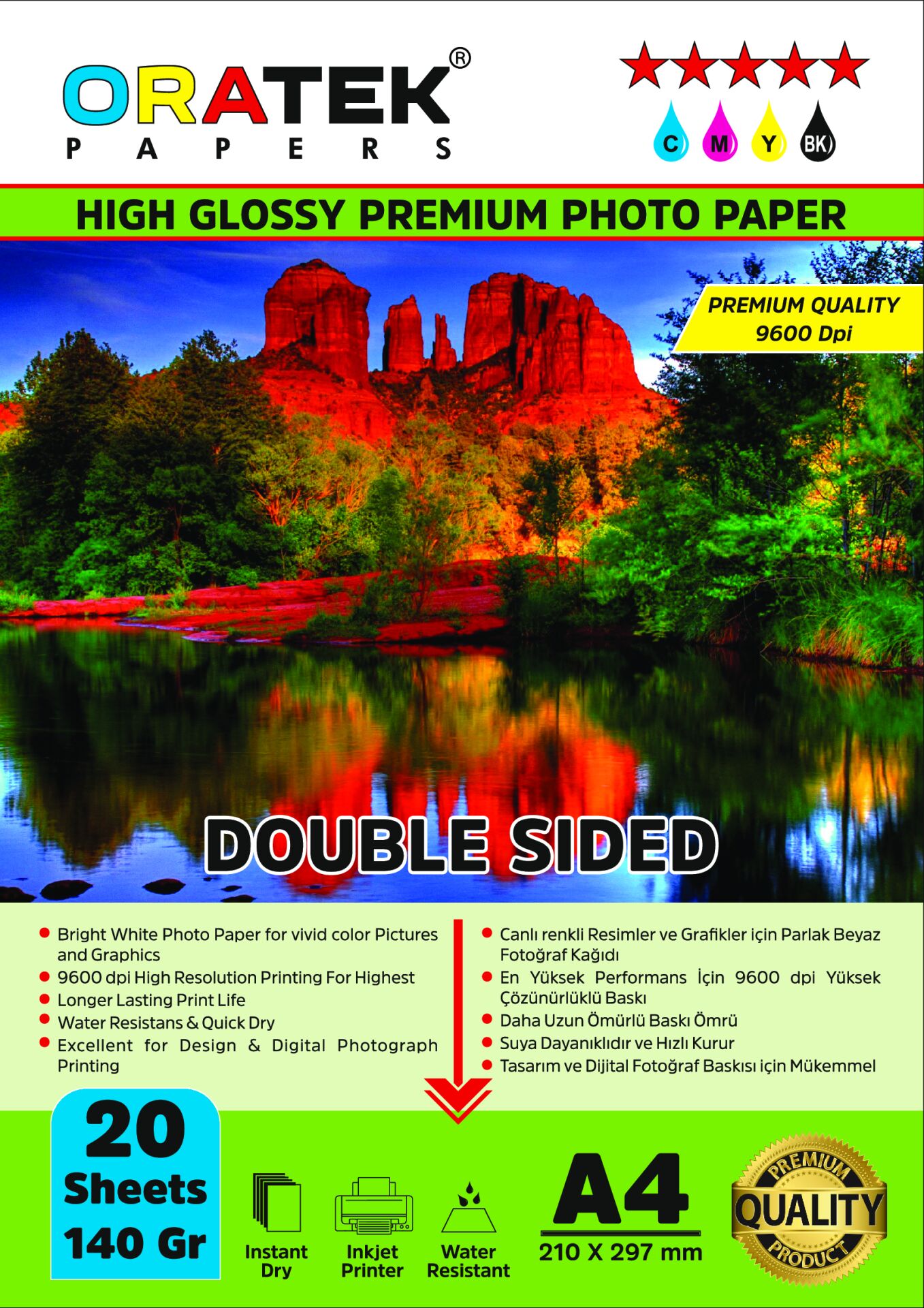 Papers Premium Double Sided (Çift Taraflı) Parlak A4 Fotoğraf kağıdı 140 gr. 20 Yaprak