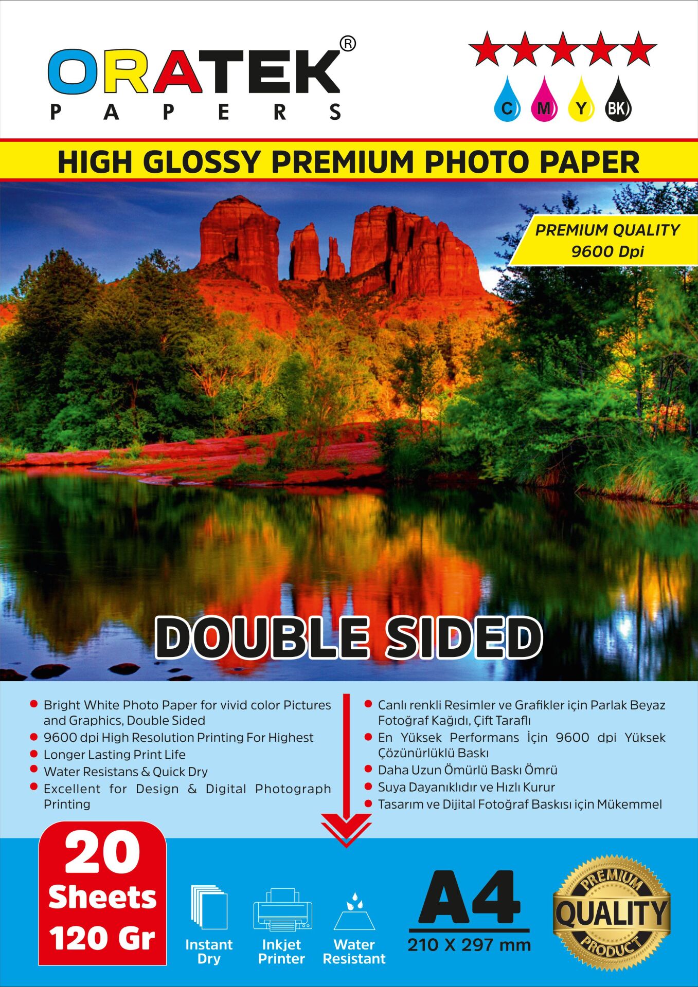 Papers Premium Double Sided (Çift Taraflı) Parlak A4 Fotoğraf kağıdı 120 gr. 20 Yaprak