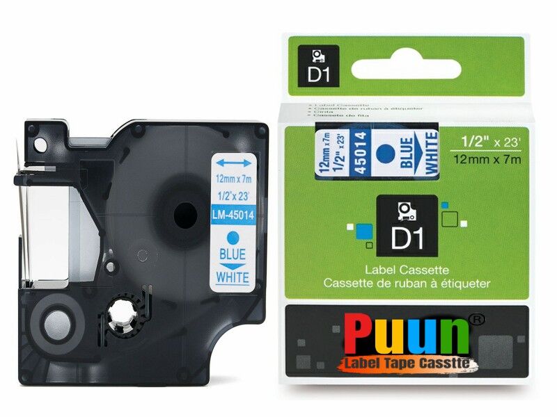 Puun Dymo D1 45014 S0720540 12mm X 7 Mt. Muadil Beyaz Etikete Mavi Yazı Şerit Etiket Kaseti LabelMANAGER 100+,120P,150,160,200,210D,220P,280P,300,350,360D,400,420P,450D,500TS,PC,PCII,PnP,PnP Wireless