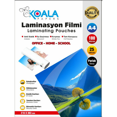 Koala A4 Laminasyon Filmi Ultra Parlak 100 Micron 25 Adet Yüksek Kalite Poliüretan