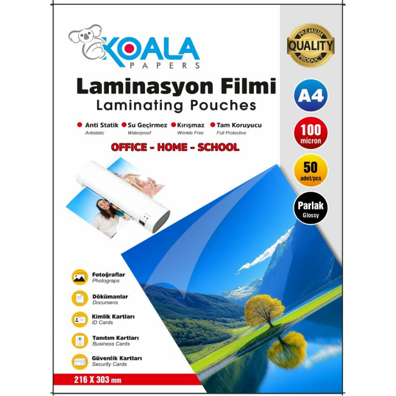 Koala A4 Laminasyon Filmi Ultra Parlak 100 Micron 50 Adet Yüksek Kalite Poliüretan