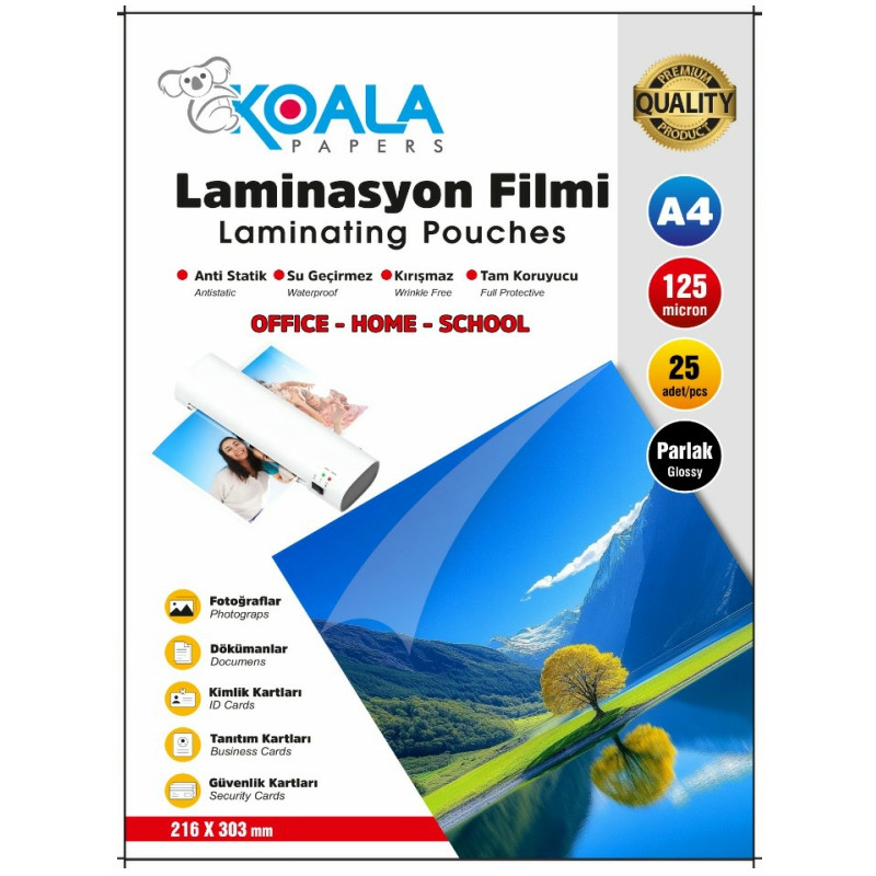 Koala A4 Laminasyon Filmi Ultra Parlak 125 Micron 25 Adet Yüksek Kalite Poliüretan
