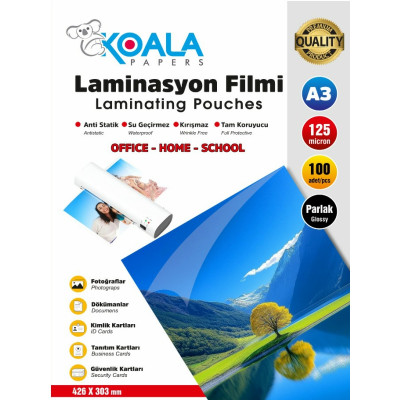 Koala A3 Laminasyon Filmi Ultra Parlak 125 Micron 100 Adet Yüksek Kalite Poliüretan