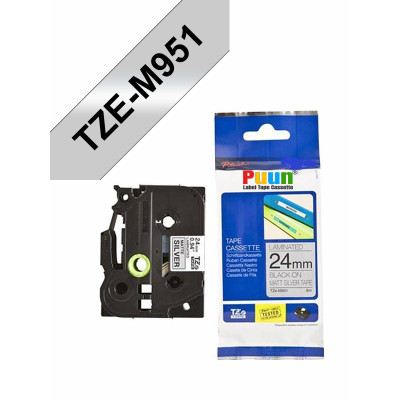Brother TZE-M951 24mm X 8m Mat Gümüş Üzerine Siyah Muadil Laminasyon Etiket Şeridi