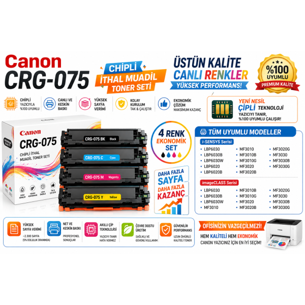 Canon  LBP646Cdw CRG-075 Chipli 4 Renk Ithal Muadil Toner Takım/seti (1.500 Sayfa)