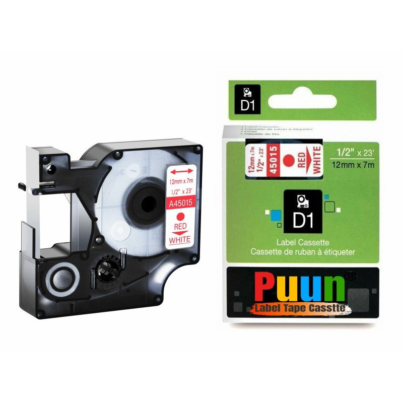 Puun Dymo D1 45015 S0720550 12mm X 7 Mt. Muadil Beyaz Etikete Kırmızı Yazı Şerit Etiket Kaseti LabelMANAGER 100+,120P,500TS,PC,PCII,PnP,PnP Wireless