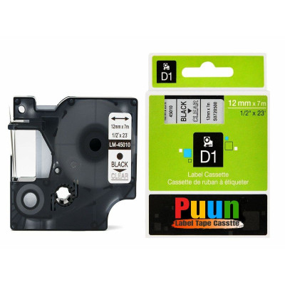 Puun Dymo D1 45010 S0720500 12mm X 7 Mt. Muadil Şeffaf Etikete Siyah Yazı Şerit Etiket Kaseti