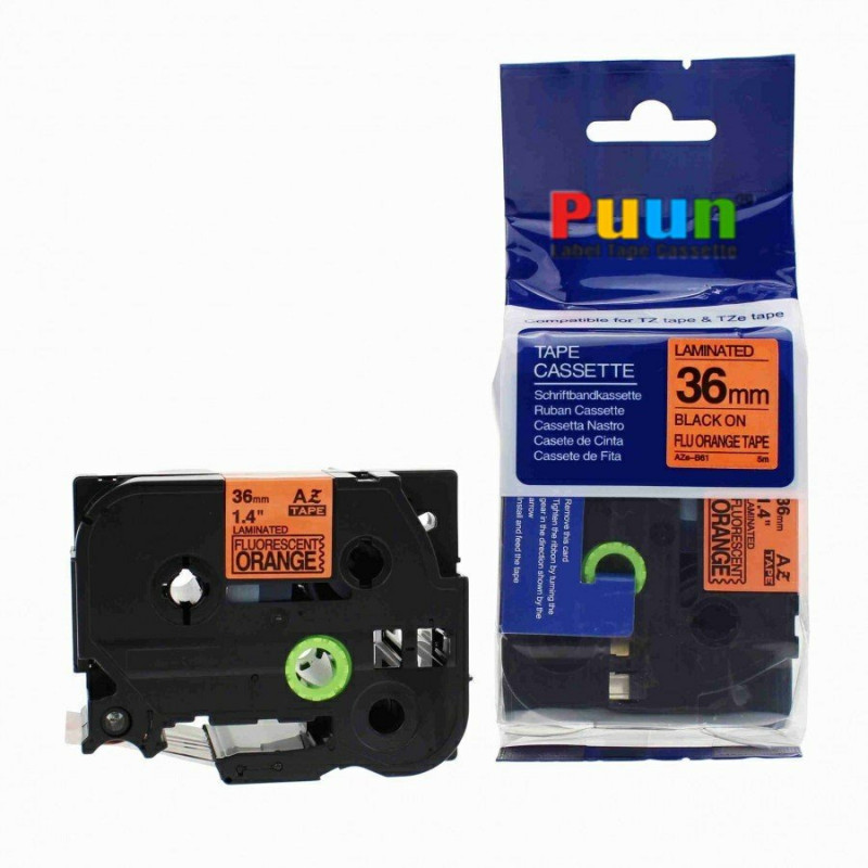 Puun Brother P-Touch TZE-B61 36mm X 8m Fosforlu Turuncu Orange Üzerine Siyah Muadil Laminasyon Etiket Şeridi