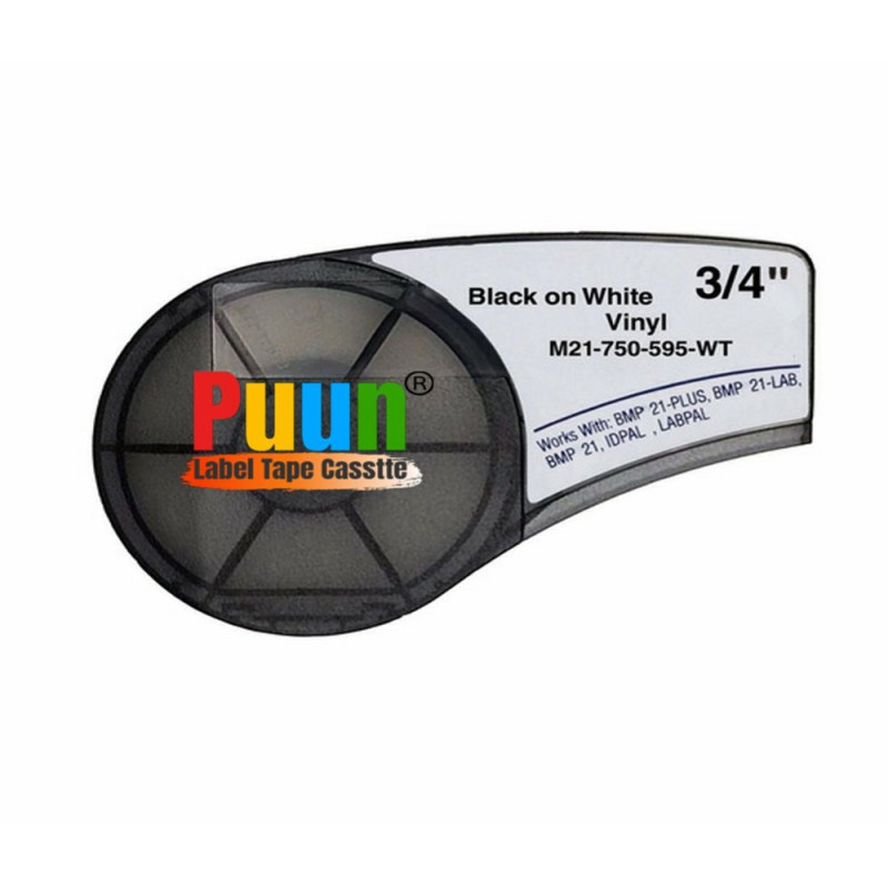 Puun Brady  M21-750-595-WT-BK 142797 Vinil Güçlü Yapışkanlı Beyaz Üzerine Siyah 19.05MM x 6,4m Muadil Şerit Etiket Kaseti