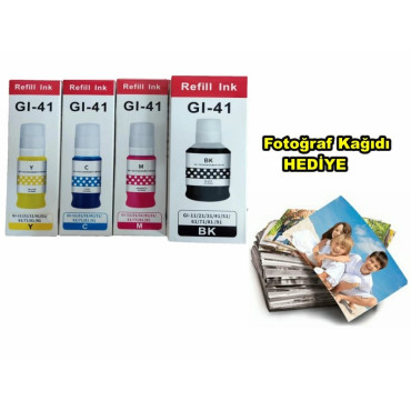 Canon GI-41 G550 4 Renk Muadil Mürekkep Seti + Canon uyumlu 50 Adet Fotoğraf Kağıdı Hediye