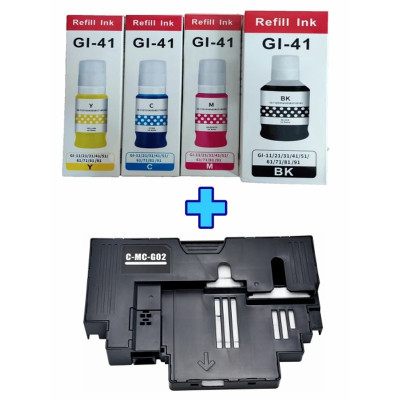 Canon GI-41 G2430 4 Renk Muadil Mürekkep Seti + Canon MC-G02 Muadil Atık Kutusu Bakım Tankı Hediye