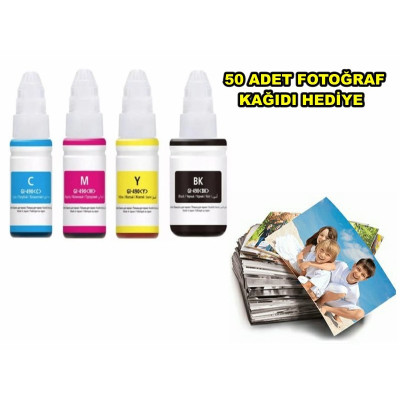Canon GI-490 G4400 4 Renk Muadil Mürekkep Seti + Canon uyumlu 50 Adet Fotoğraf Kağıdı Hediye