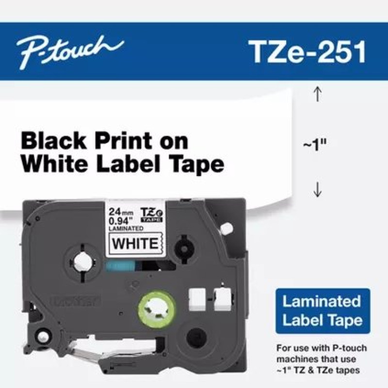 Brother TZe-251 24mm X 8 Mt. Beyaz üzerine Siyah Laminasyonlu Etiket Şeridi (TZe Tape) Orijinal