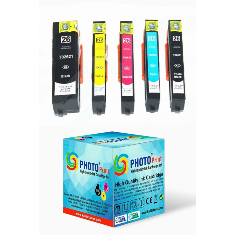 Epson XP-810 26XL T2621-2631-2632-2633-2634 5 Renk Muadil Kartuş Seti