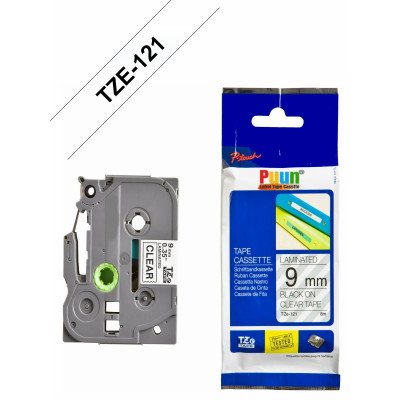 Puun Brother P-Touch TZE-121 9mm X 8m Şeffaf Üzerine Siyah Muadil Laminasyon Etiket Şeridi