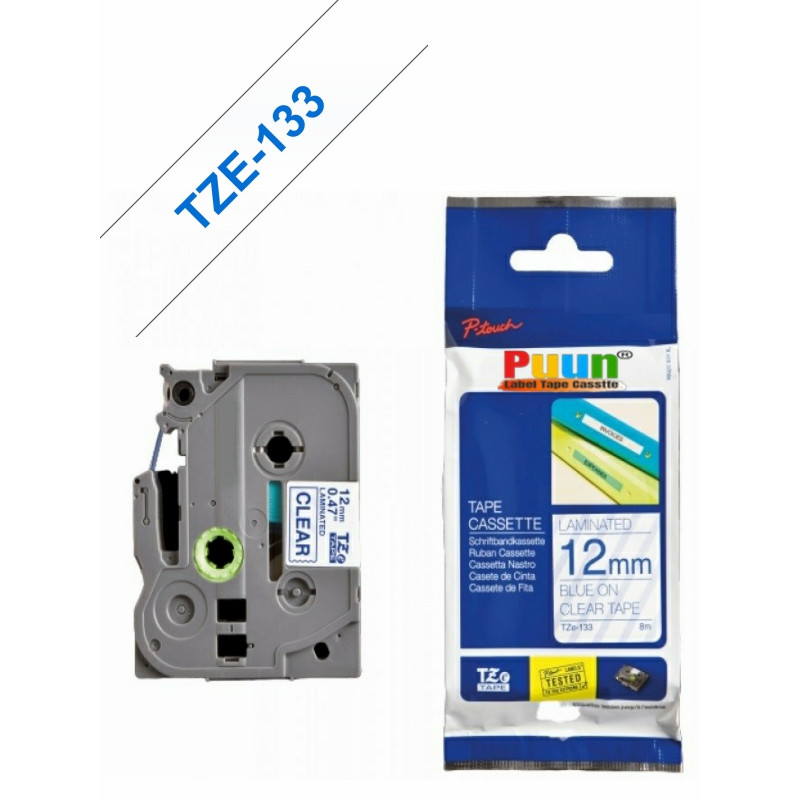 Puun Brother P-Touch TZE-133 12mm X 8m Şeffaf Üzerine Mavi Muadil Laminasyon Etiket Şeridi