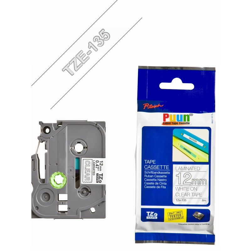 Puun Brother P-Touch TZE-135 12mm X 8m Şeffaf Üzerine Beyaz Muadil Laminasyon Etiket Şeridi