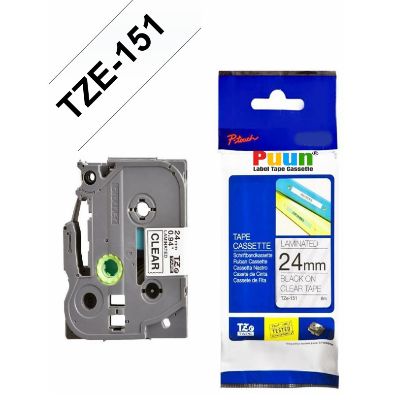 Puun Brother P-Touch TZE-151 24mm X 8m Şeffaf Üzerine Siyah Muadil Laminasyon Etiket Şeridi
