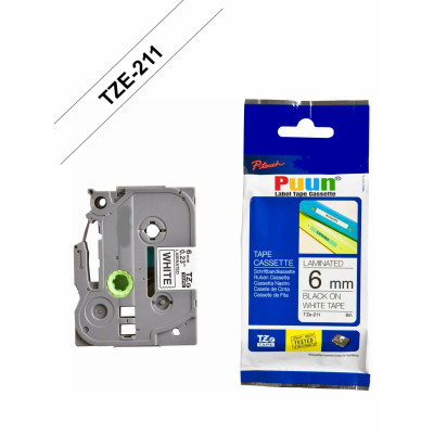 Puun Brother P-Touch TZE-211 6 mm X 8m Beyaz Üzerine Siyah Muadil Laminasyon Etiket Şeridi