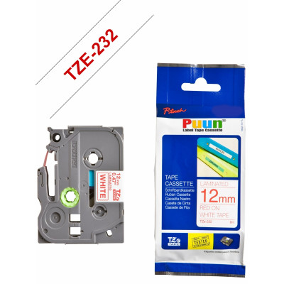 Puun Brother P-Touch TZE-232 12mm X 8m Beyaz Üzerine Kırmızı Muadil Laminasyon Etiket Şeridi