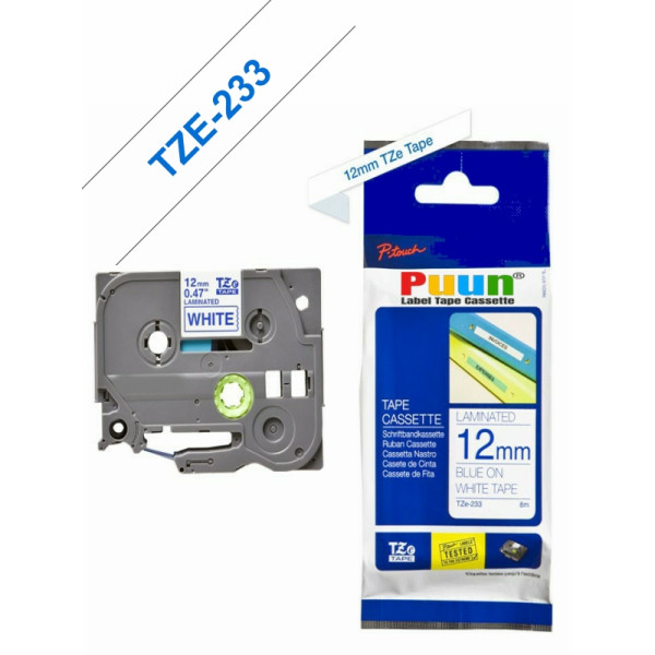 Brother P-Touch TZe-233 12mm Beyaz üzerine Mavi Laminasyonlu Etiket (TZe Tape)