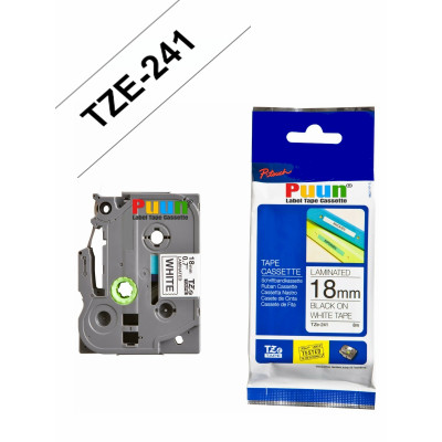 Puun Brother P-Touch TZE-241 18mm X 8m Beyaz Üzerine Siyah Muadil Laminasyon Etiket Şeridi