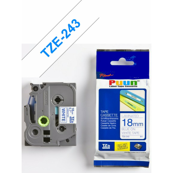 Brother P-Touch TZe-243 18mm Beyaz üzerine Mavi Laminasyonlu İthal Muadil Etiket (TZe Tape)