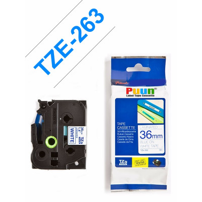 Puun Brother P-Touch TZE-263 36mm X 8m Beyaz Üzerine Mavi Muadil Laminasyon Etiket Şeridi