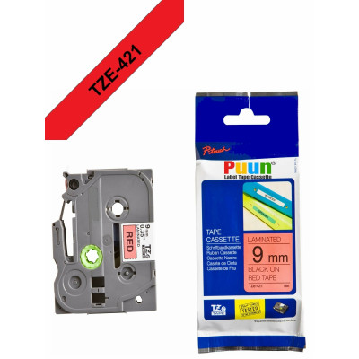 Puun Brother P-Touch TZE-421 9mm X 8m Kırmızı Üzerine Siyah Muadil Laminasyon Etiket Şeridi