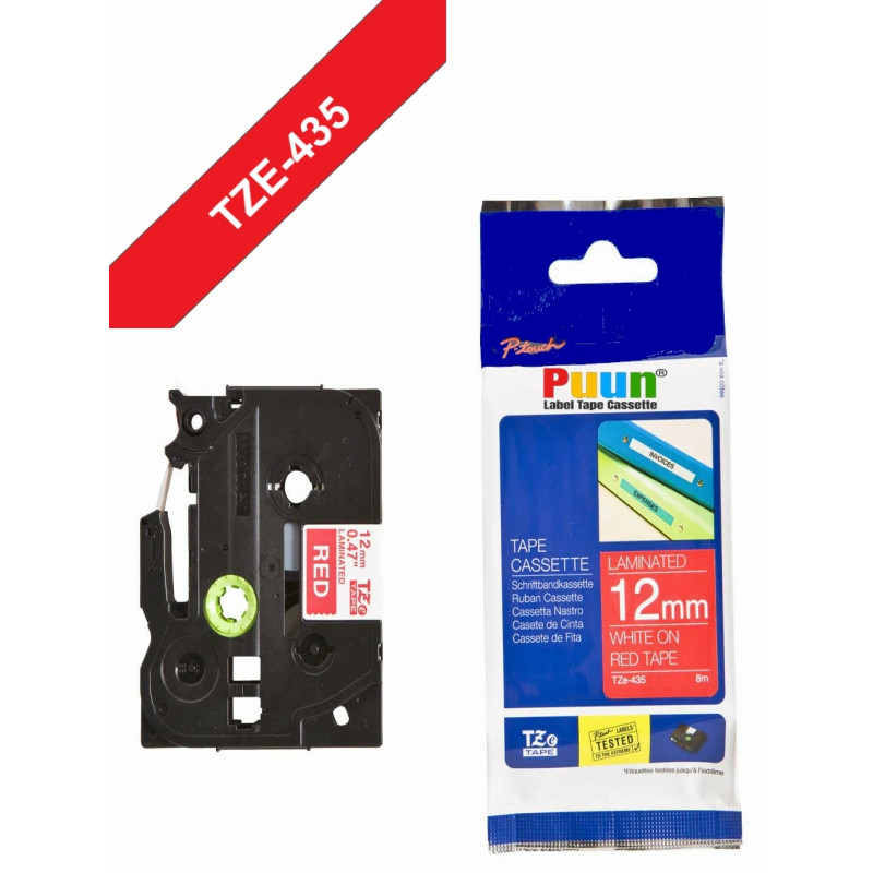 Brother P-Touch TZe-435 12mm Kırmızı üzerine Beyaz Laminasyonlu İthal Muadil Etiket (TZe Tape)