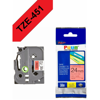 Puun Brother P-Touch TZE-451 24mm X 8m Kırmızı Üzerine Siyah Muadil Laminasyon Etiket Şeridi
