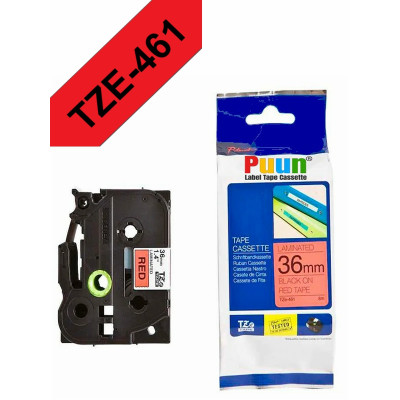 Puun Brother P-Touch TZE-S461 36mm X 8m Kırmızı Üzerine Siyah Güçlü Yapışkanlı Muadil Laminasyon Etiket Şeridi