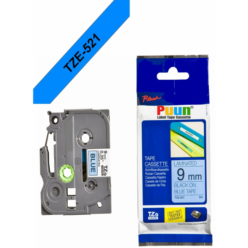 Puun Brother P-Touch TZE-521 9mm X 8m Mavi Üzerine Siyah Muadil Laminasyon Etiket Şeridi