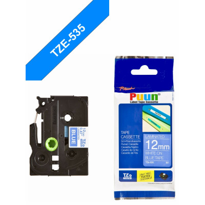 Puun Brother P-Touch TZE-535 12mm X 8m Mavi Üzerine Beyaz Muadil Laminasyon Etiket Şeridi