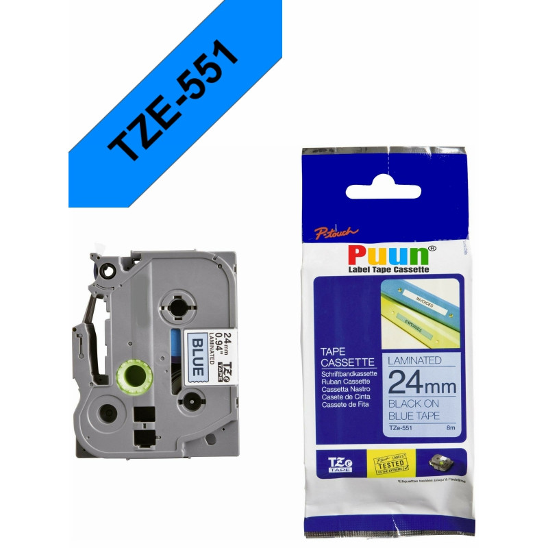 Brother P-Touch TZe-S551 24mm Mavi üzerine Siyah Güçlü Yapışkanlı Laminasyonlu İthal Muadil Etiket (TZe Tape)