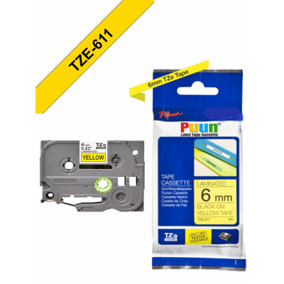 Puun Brother P-Touch TZE-611 6mm X 8m Sarı Üzerine Siyah Muadil Laminasyon Etiket Şeridi