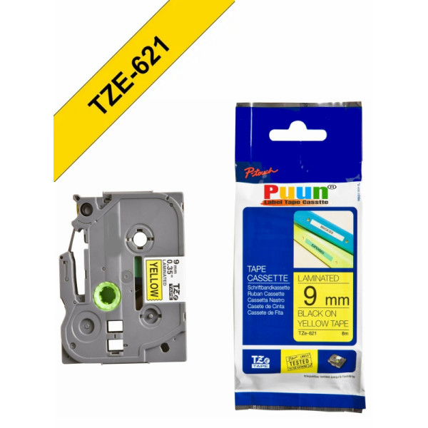 Brother P-Touch TZe-621 9mm Sarı üzerine Siyah Laminasyonlu İthal Muadil Etiket (TZe Tape)