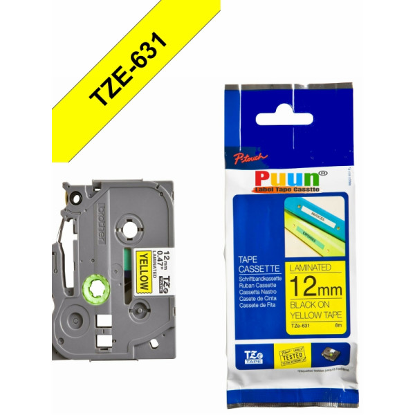 Brother P-Touch TZe-631 12mm Sarı üzerine Siyah Laminasyonlu Etiket (TZe Tape)