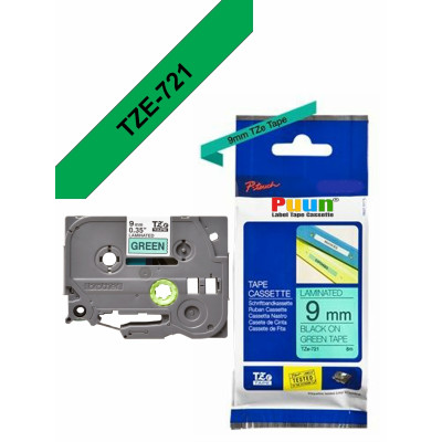 Brother P-Touch TZe-721 9mm Yeşil üzerine Siyah Laminasyonlu Etiket (TZe Tape)