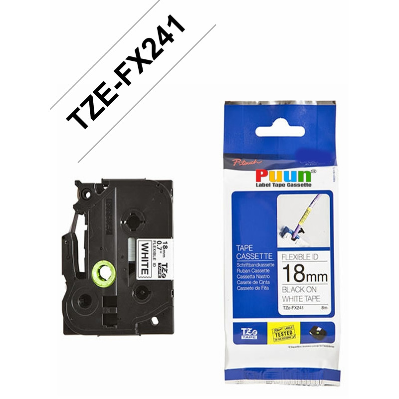 Puun Brother P-Touch TZE-FX241 18mm X 8m Beyaz Üzerine Siyah Esnek Muadil Laminasyon Etiket Şeridi