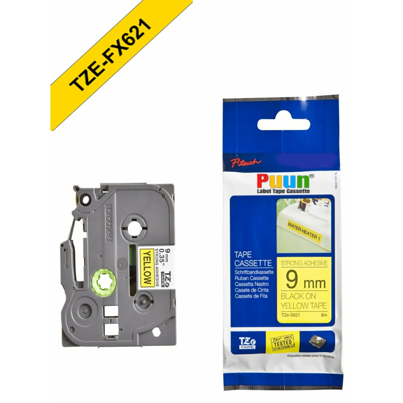 Puun Brother P-Touch TZE-FX621 9mm X 8m Sarı Üzerine Siyah Esnek Muadil Laminasyon Etiket Şeridi