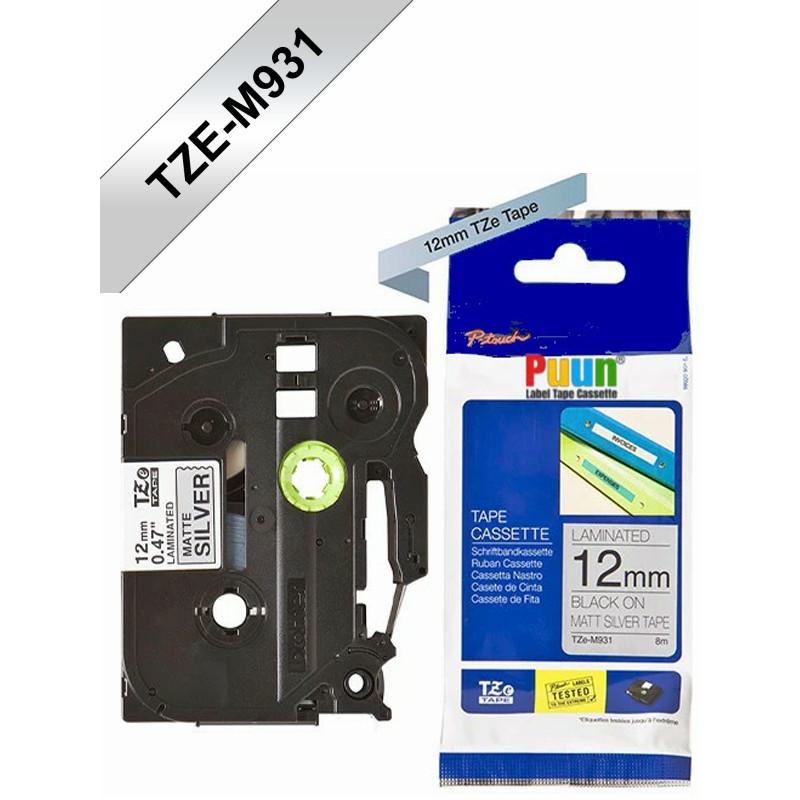 Brother TZe-M931 12mm x 8 mt. Mat Gümüş üzerine Siyah İthal Muadil Laminasyonlu Etiket (TZe Tape)