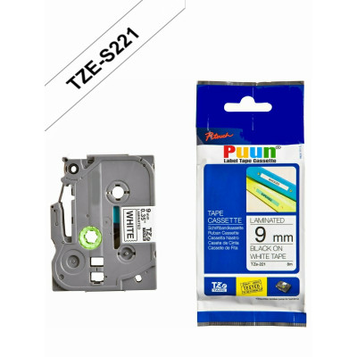 Puun Brother P-Touch TZE-S221 9mm X 8m Beyaz Üzerine Siyah Güçlü Yapışkanlı Muadil Laminasyon Etiket Şeridi