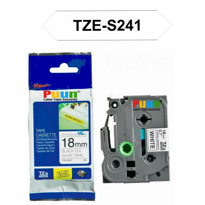 Puun Brother P-Touch TZE-S241 18mm X 8m Güçlü Yapışkanlı Beyaz Üzerine Siyah Muadil Laminasyon Etiket Şeridi